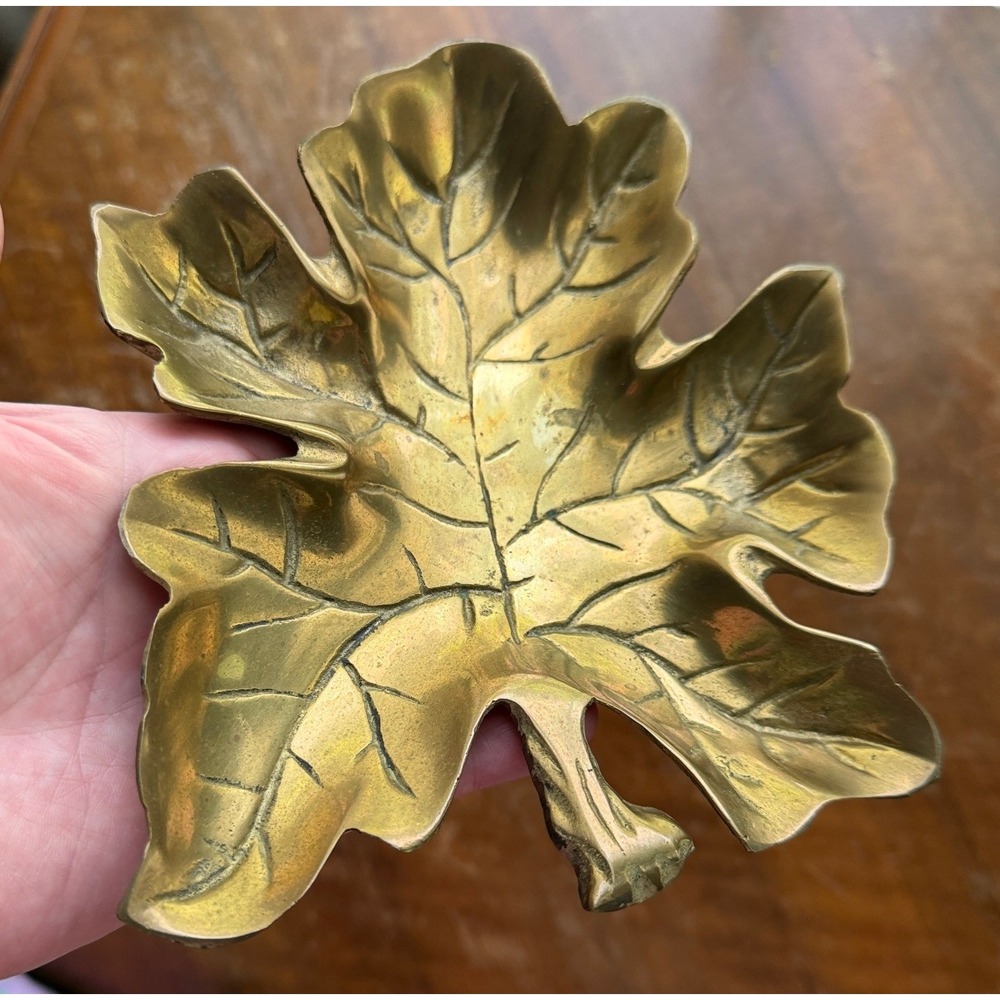 Vintage Brass Trinket Dish Leaf Fall Heavy